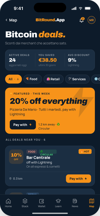 BitRound Deals screen with discounts from Bitcoin merchants