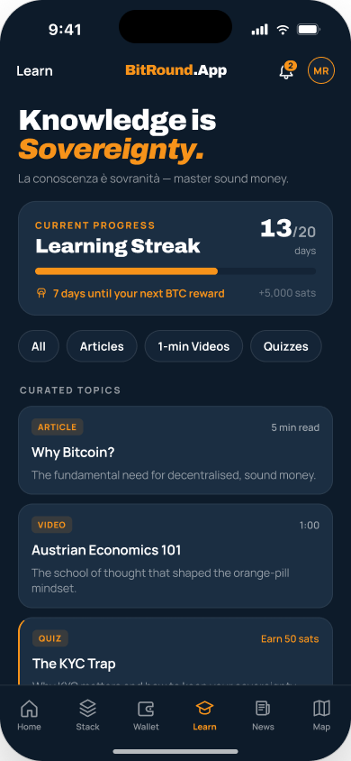 BitRound Learn section with articles, videos and quizzes