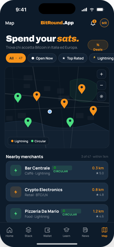 BitRound map of shops that accept Bitcoin and Lightning