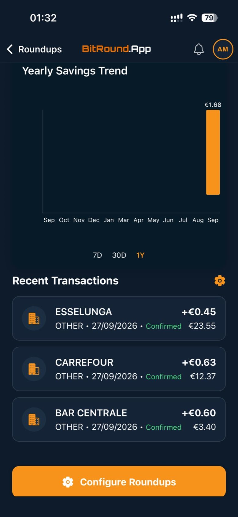 BitRound round‑up tracker with recent card transactions