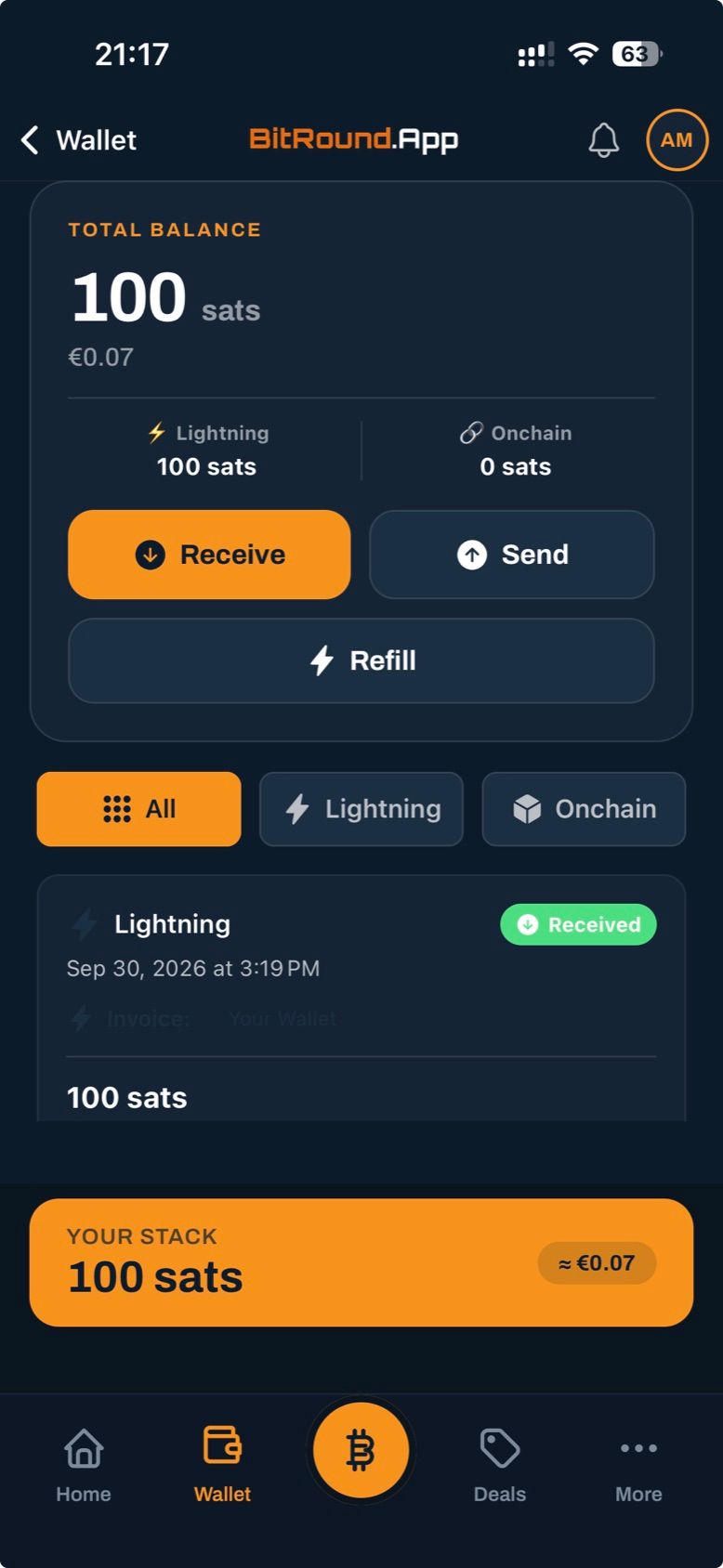 BitRound wallet with the Refill button